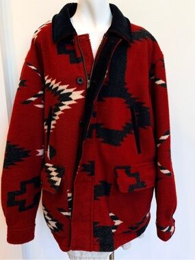 Vtg Ladies Orvis Southwestern Fleece Barn Coat Jacket Red Black Aztec Zip Button